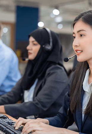 A busy customer service representative assisting multiple customers simultaneously.