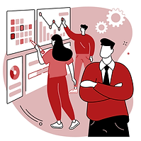 A cartoon illustration of people collaborating on a board, showcasing infographic analytics